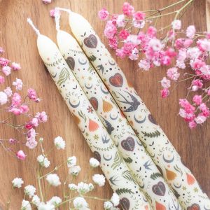 Set of 3 Cream Midnight Bloom Print Taper Candles